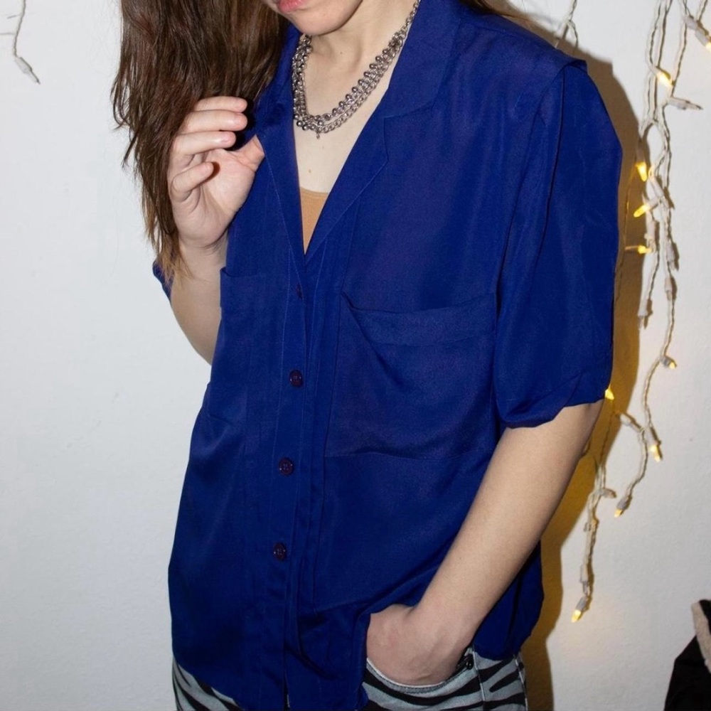 Pleated Deep Navy Collared Button Up Shirt
